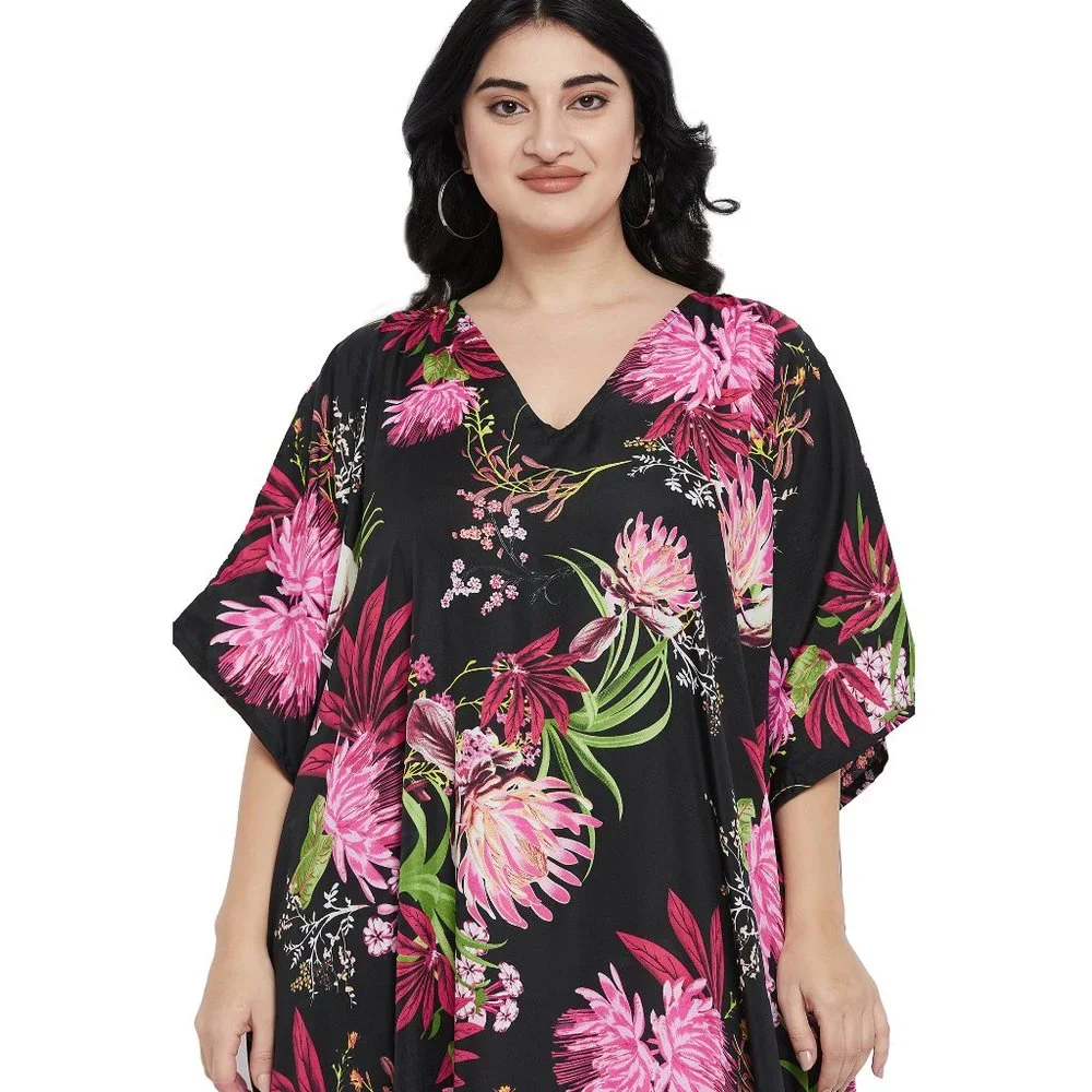 Plus Floral V-Neck Swim Coverup Kaftan in Black and Pink - Picture 7 of 9